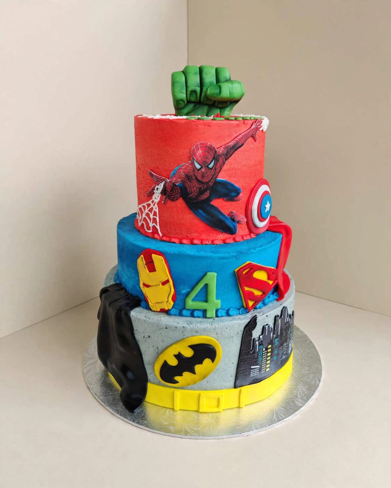 Superhero themed kids birthday cake