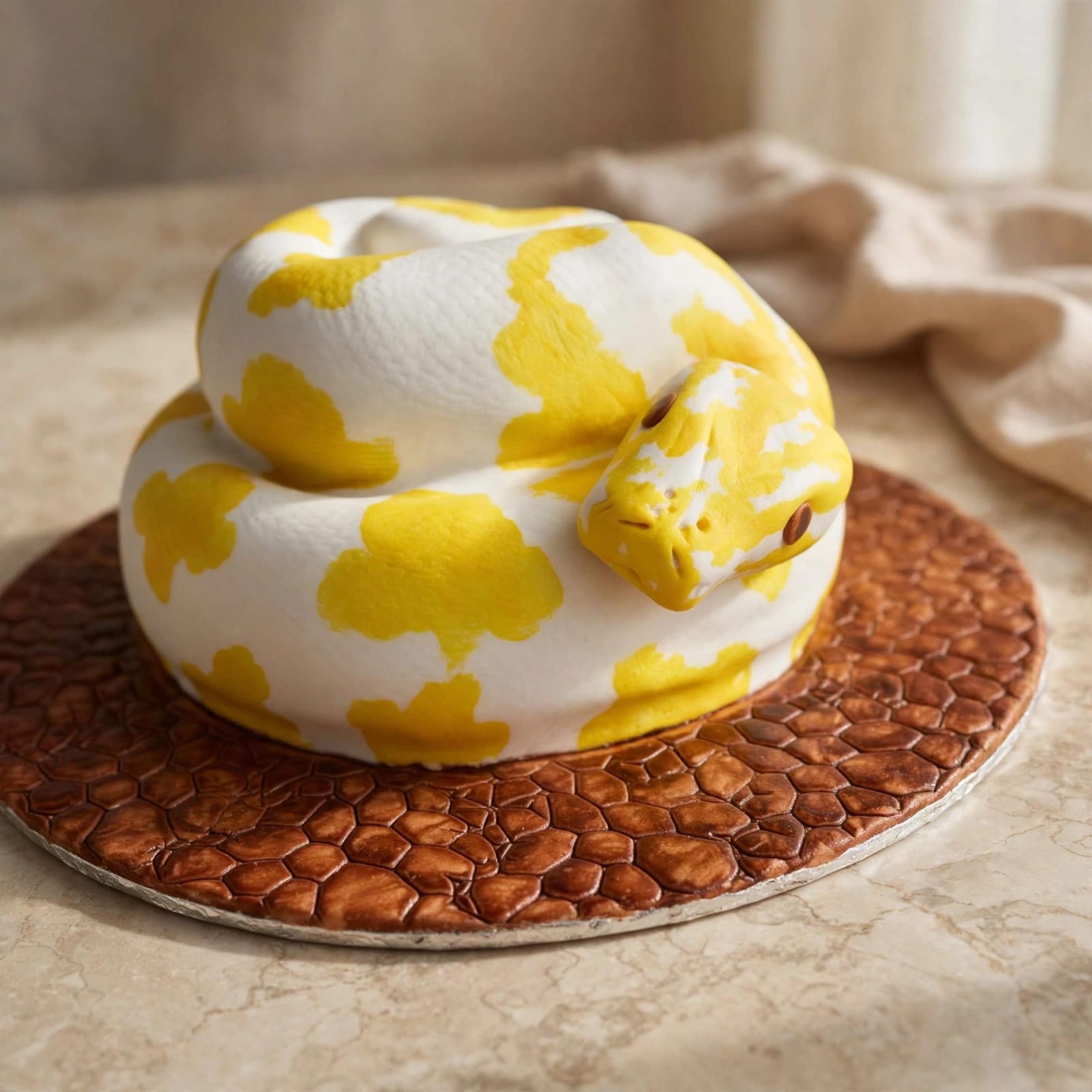 Sculpted coiled albino python cake on a textured earth-style board