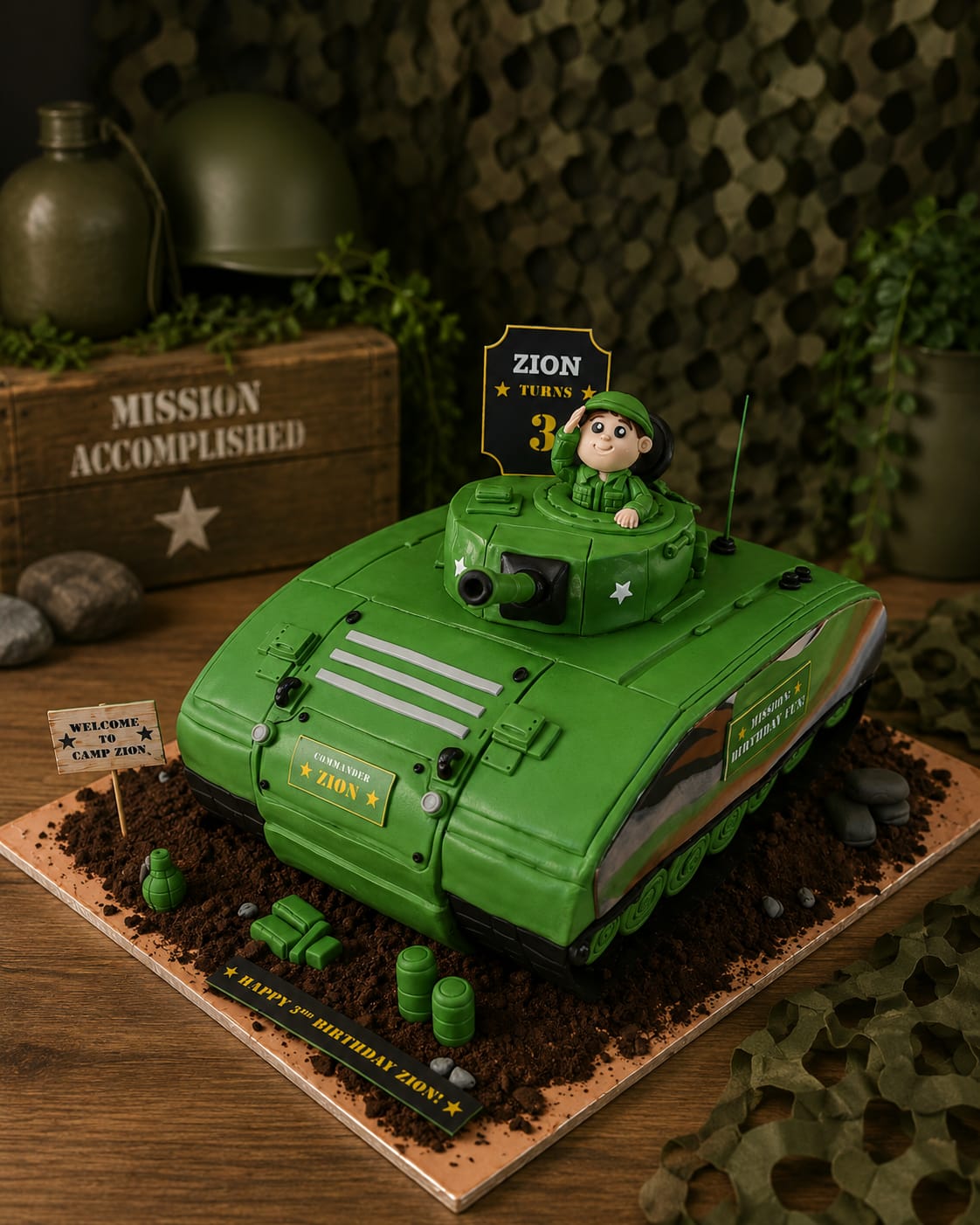 Sculpted green military tank cake with a soldier figure and Camp Zion decorations