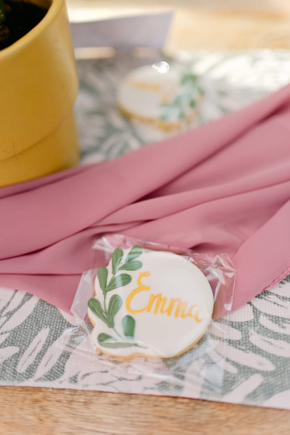 Iced name cookie hand-painted with foliage, individually wrapped