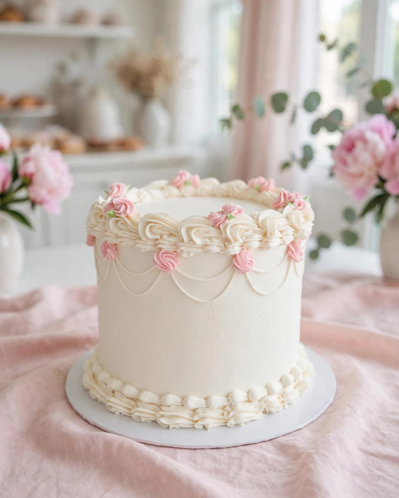 Ivory buttercream cake with piped pink roses